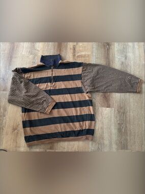 Men's Striped Quarter-Zip Sweater in Brown and Black Polo Large vintage